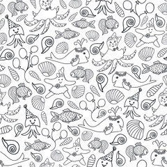 Black and white nautical ocean party vector seamless pattern texture. Cute childish octopus, jellyfish, starfish, whale, fishes and seashells background. Perfect for coloring book, fabric, wallpaper.