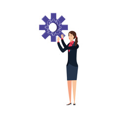 business woman with puzzle pieces in shape pinion