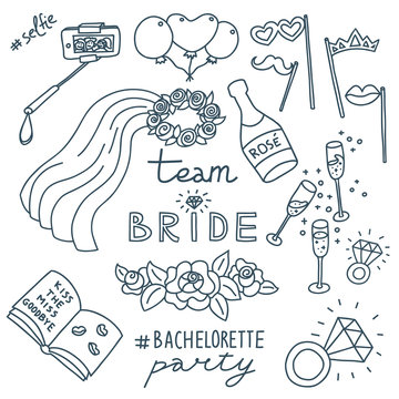 Bachelorette party concept. Set of objects. Monochrome doodle.