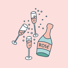 Bachelorette party concept. Bootle of campagne with glasses. Pastel color doodle.