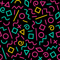 Colorful abstract grunge shapes on black memphis seamless pattern, vector