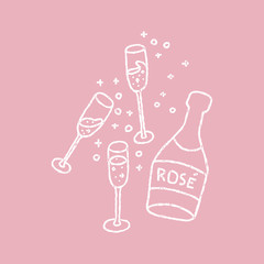 Bachelorette party concept. Bottle of campagne with glasses. Vintage texture doodle.