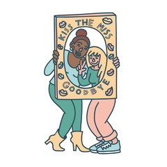Fototapeta premium Bachelorette party concept. Two friends posing with life size frame. Pastel color doodle.