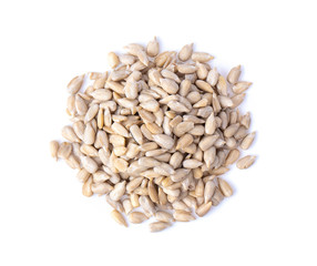 Peeled Sunflower seeds isolated on white background. Top view