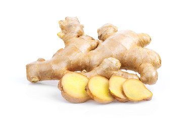 fresh Ginger root and slice isolated on white background . full depth of field