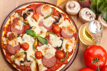 salami and mushroom  pizza with ingredients