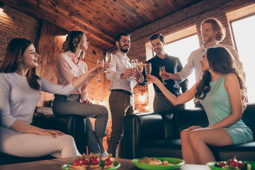 Close up photo having fun buddies anniversary event company hang out say toasts she her ladies he him his guys wineglasses golden beverage wear dresses shirts formalwear sit sofa loft room indoors