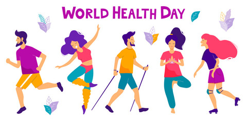 World health day vector illustration. Healthy lifestyle concept. Different physical activities.