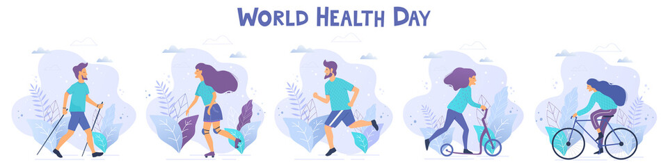 Obraz na płótnie Canvas World health day vector illustration. Healthy lifestyle concept. Different physical activities.