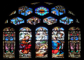 Nativity Scene, stained glass window in Saint-Eustache church in Paris, France 