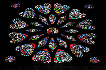 Stained glass window in Saint Eustache church in Paris, France 