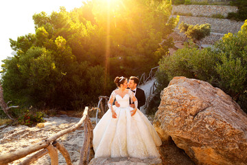 Beautiful wedding couple walking on the  old street. outdoor