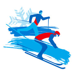 Downhill skier and cross-country skier, grunge stylized.  Stylized Illustration of two skiers.  Isolated on white background. Vector available.