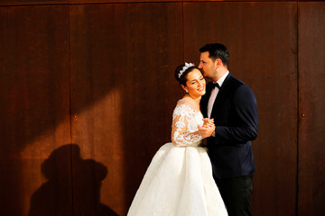 Beautiful wedding couple posing in sun