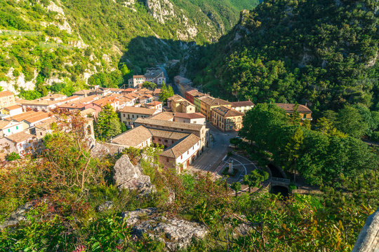 aerial view of a rural town in the mountains. pioraco, marche, italy