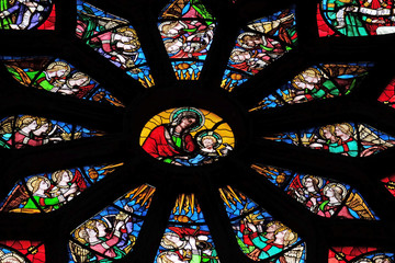 Stained glass window in Saint Eustache church in Paris, France 