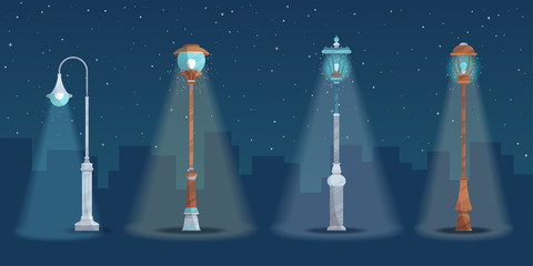 Vector set of street lights in a city at night.