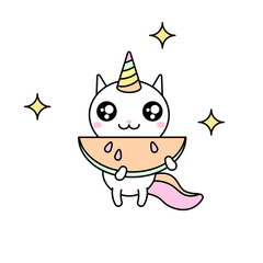 Cute kawaii vector illustration of happy cartoon rainbow cat unicorn with watermelon isolated on white.