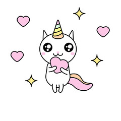 Cute kawaii vector illustration of happy cartoon rainbow cat unicorn holding heart isolated on white.