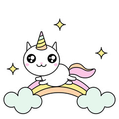 Cute kawaii vector illustration of happy cartoon rainbow cat unicorn running isolated on white.
