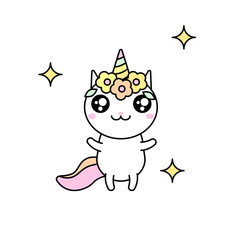 Cute kawaii vector illustration of happy cartoon rainbow cat unicorn wearing flower crown wreath isolated on white.