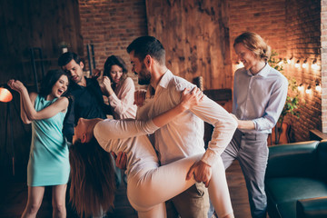 Close up photo classy best friends gathering hang out slow dance partners tango hold leg hip she...