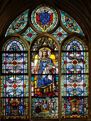 Saint Louis with the Crown of Thorns, stained glass window from Saint Germain-l'Auxerrois church in Paris, France 