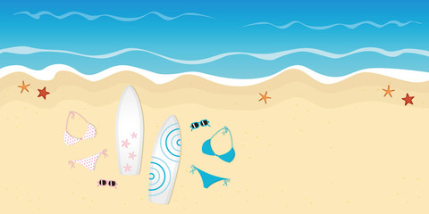 Fototapeta na wymiar two surfboards bikinis and sunglasses on the beach summer holiday design vector illustration EPS10