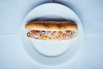 Sandwich with tomatoes, onions and cheese on a plate