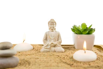 Fotobehang Zen Stenen Miniature desk zen sandbox with Buddha sit in Lotus position Room for text. Sand is to recreate the essence of nature. Swirling patterns in the sand represent water, rocks are mountains.   © FotoHelin