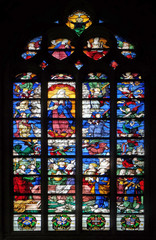 Assumption of Virgin Mary, stained glass window from Saint Germain-l'Auxerrois church in Paris, France 