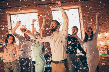 Close up photo yelling best friends hang out dancing great time drunk birthday sing singer hands...