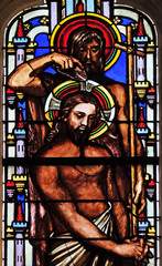 Baptism of the Lord, stained glass window from Saint Germain-l'Auxerrois church in Paris, France 