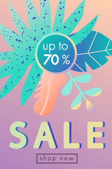 SUMMER SALE  banner typography design. Creative lettering and leaves for seasonal sales. Vector illustration. 