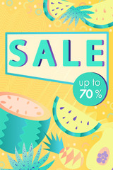 Fototapeta na wymiar SUMMER SALE banner tropical design. Creative lettering and colorful fruits for seasonal sales. Vector illustration.