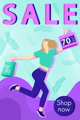 SALE banner design. Shopping girl with sale fashion bags. Vector illustration.