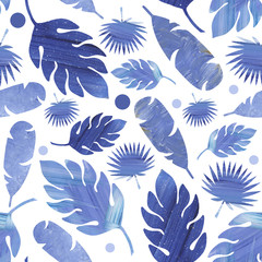 Seamless pattern of exotic tropical blue leaves. Silhouette design for wallpaper, fabrics, posters