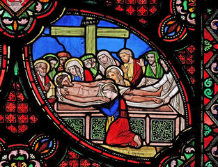 Entombment of Christ, stained glass window from Saint Germain-l'Auxerrois church in Paris, France 