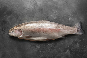 Delicious fresh trout on grey background. Healthy food. Cooking concept.