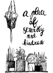 vector hand drawn sketchy set of stylized childlike plants in pots augmented with cute positive inscription.