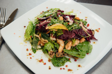 Salad with shrimps and greens on a plate on the table