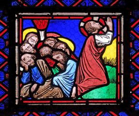Fototapeta premium Jesus and his disciples on Mount of Olives, stained glass window from Saint Germain-l'Auxerrois church in Paris, France