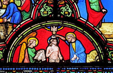 Baptism of Christ, stained glass window from Saint Germain-l'Auxerrois church in Paris, France