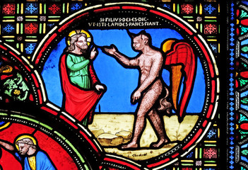 Jesus tempted by the devil, stained glass window from Saint Germain-l'Auxerrois church in Paris, France