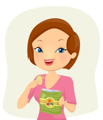 Girl Eat Vegan Chips Snacks Illustration
