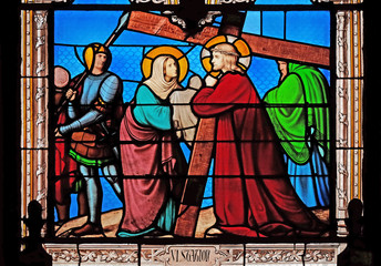 Obraz na płótnie Canvas 6th Stations of the Cross, Veronica wipes the face of Jesus, stained glass windows in the Saint Eugene - Saint Cecilia Church, Paris, France 