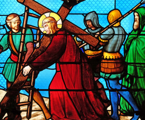 Naklejki  2nd Stations of the Cross, Jesus is given his cross, stained glass windows in the Saint Eugene - Saint Cecilia Church, Paris, France