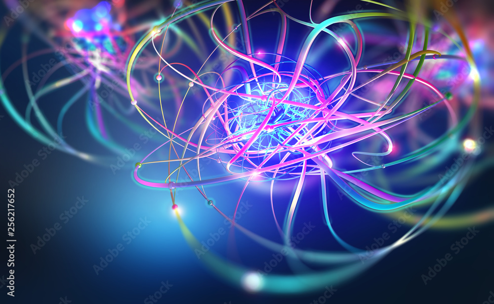 Leinwandbilder Artificial Intelligence. Big data core. Neon light pulses. Abstract concept of nerve endings in computer neural networks. 3D illustration of a global data beam