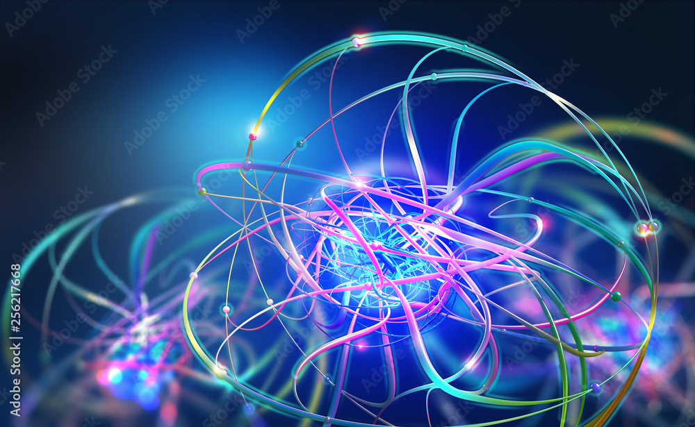 Aufkleber Artificial Intelligence. Big data core. Neon light pulses. Abstract concept of nerve endings in computer neural networks. 3D illustration of a global data beam