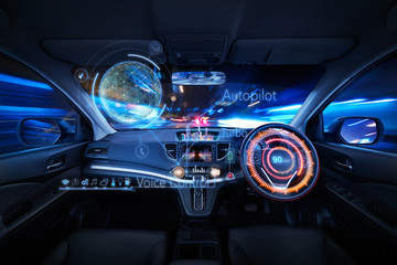 Fototapeta na wymiar Car interior with Self driving , Auto pilot and internet of thin futuristic . icon illustration . Autonomous car system technology concept .